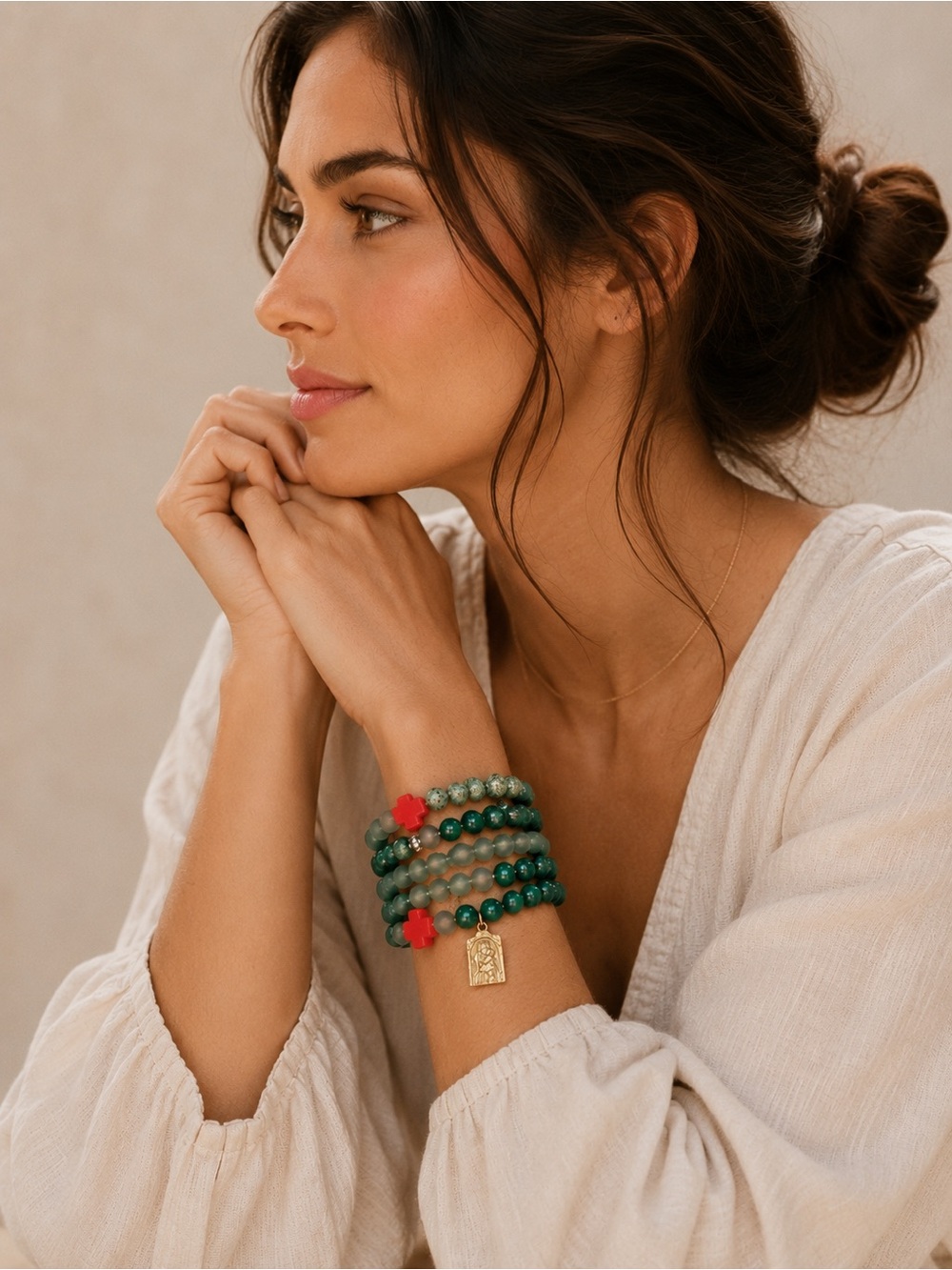Handmade Devotional Saint Gold Charm Beaded Green Stone/Cross Bracelet Stack